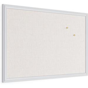 U Brands Farmhouse Linen Bulletin Board, 30" x 20", White Wood Frame, Wall Mounted Pin Board for Home Office, Classroom & Kitchen, Includes Push Pins