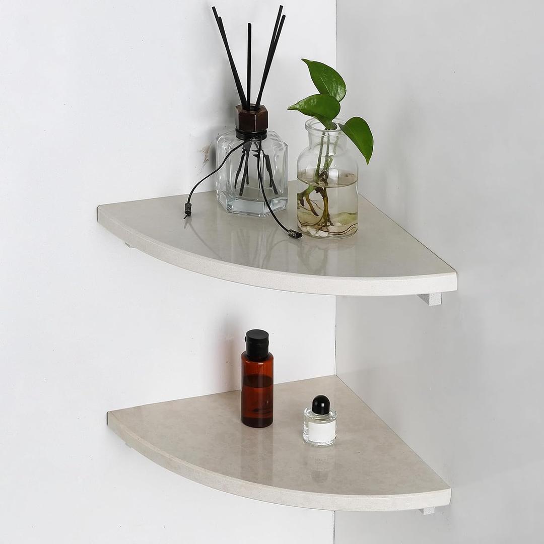Koville Italian Marble Corner Shower Shelf for Bathroom, 10'' Marble Corner Shelves for Bath, Wall Mounted Stone Shower Caddy, No Drilling Adhesive Shower Shelf - Sahara Sand (2-Layer)