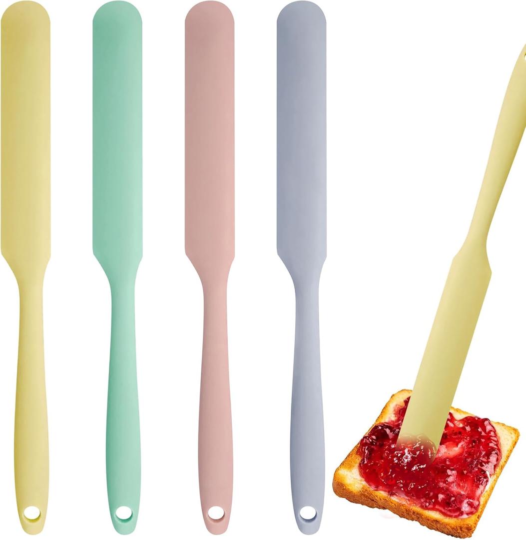 4 Pcs Silicone Jar Spatula, Cake Cream Spatula, 9.8" Long Handle Slim Scraper, Jam Spreader for Butter, Peanut Butter, Baking Mixing(4 colors）