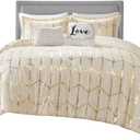Intelligent Design Raina Full/Queen Comforter Set, Soft Microfiber, Modern Geometric Metallic Bed Set, 5 Pieces College Bedding with 2 Shams, 2 Toss Pillows Ivory/Gold