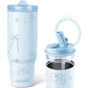 30 oz Bow Tumbler with Straw and Handle, Cute Water Bottles for Women Girls CupInsulated Travel Coffee Tumbler, Leak Proof Stainless Steel Coffee Mug, Aesthetic Coquette Bows Cups (Blue)