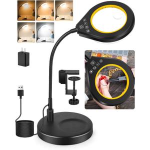 Flexible Gooseneck 2-in-1 Magnifying Glass with Light and Stand,10x & 5x Real Glass Lens Magnifying Lamp, 5 Color Stepless Hands-Free LED Desk Lamp with Clamp for Painting, Crafts, Reading (Yellow)