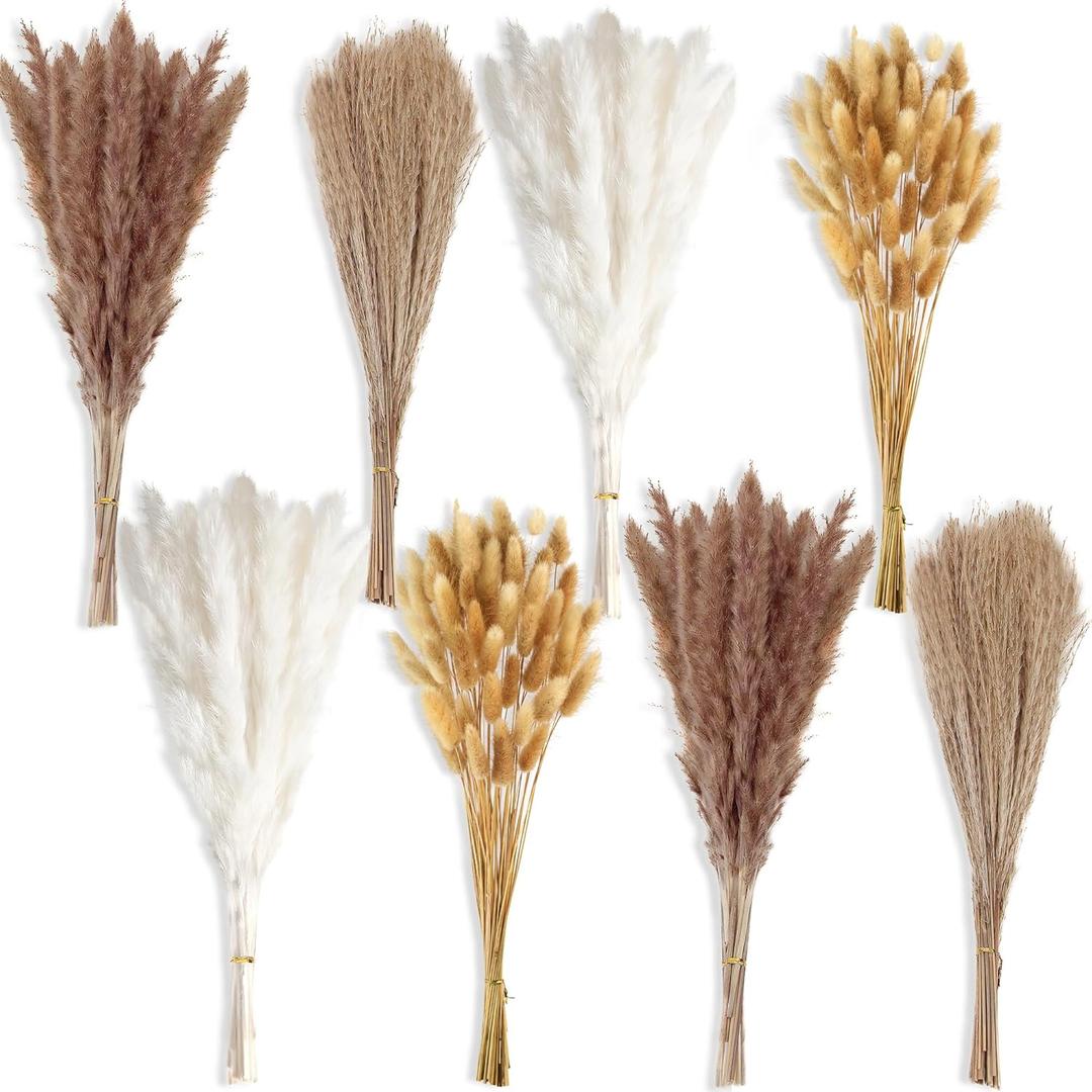 200 PCS Small Boho Pampas Grass, 17" Naturally Dried Pompas, Pampas Grass Decor for Wedding , Boho Party Decorations, Table DecorBrown and White