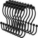 Bathway Shower Curtain Hooks Shower Curtain Rings Black Shower Curtain Hooks RustProof Smooth Metal Double Shower Curtain Hook, Shower Hooks for Shower Curtain Liner Bathroom Shower Rod Hook