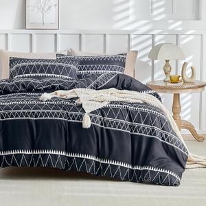 Lekesky Boho Duvet Cover Queen Size - Black Duvet Cover Set, Comforter Cover Queen for 3pc Ultra Soft Microfiber Breathable Bedding Sets with Zipper Ties (1 Duvet Cover 90''x90'' +2 Pillowcases) (Bblack (Nearly Deep Blue))