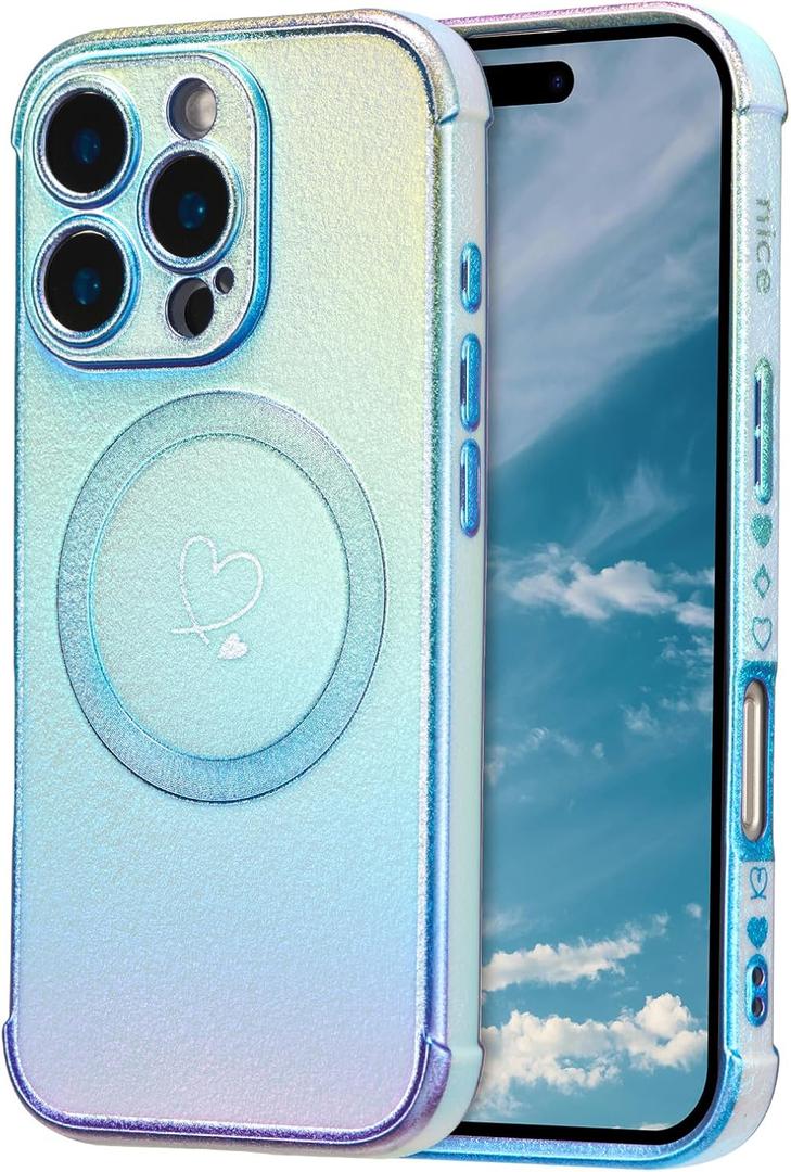ZTOFERA Magnetic Case for iPhone 16 Pro Case 6.3",Cute Luxruy Iridescent Case with Love Hearts Pattern, Plating Edge Camera Lens Protection Shockproof Phone Case for Women Girls,Blue