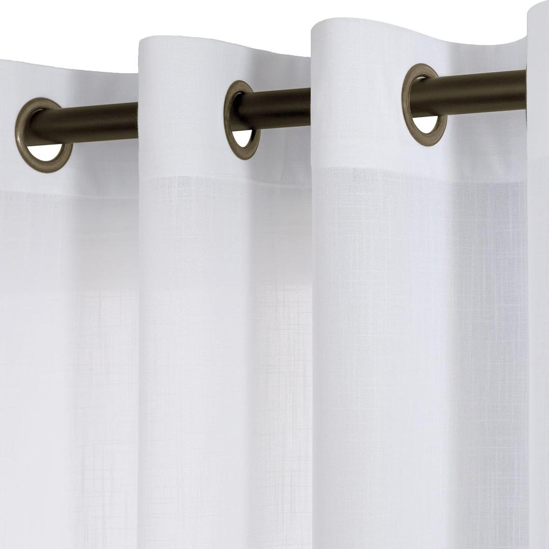 KOUFALL 96 Inch Long White Linen Curtains 2 Panel Set for Living Room with Bronze Grommet Light Filtering Semi Sheer Privacy 8FT Puddle Length Solid Long Curtain Drapes for Bedroom