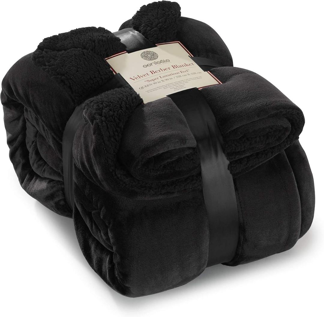 Sherpa Throw Blanket Super Soft Reversible Ultra Luxurious Plush Blanket, 90 x 90 inches, Black/Black, Queen