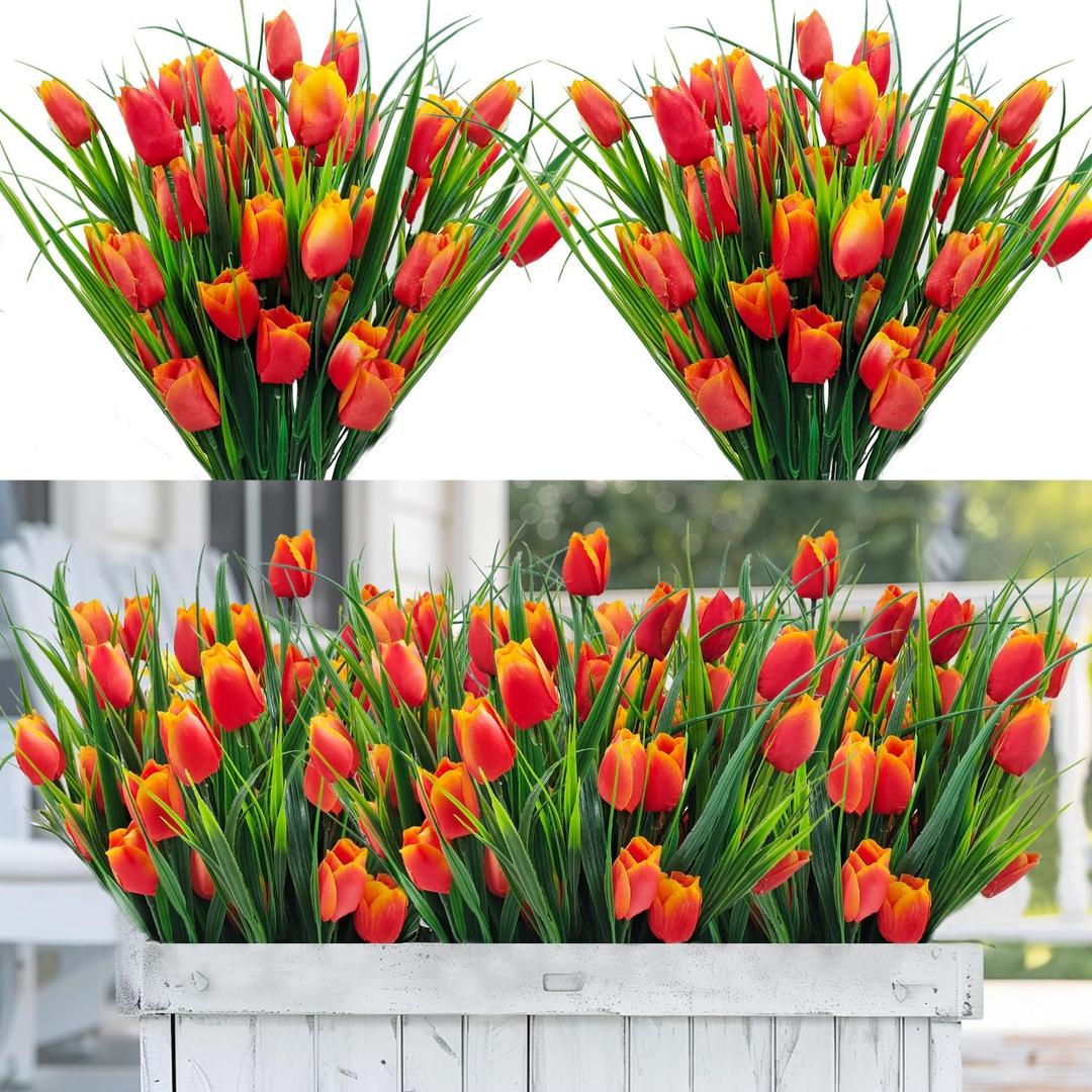 12 Bundles 60 Heads Artificial Tulips Fake Flowers Outdoor UV Resistant Silk Tulip Faux Plastic Greenery Shrubs Plants for Outside Planter Porch Garden Patio Decor (Orange)
