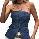 Cicy Bell Womens Strapless Denim Vest Summer Button Down Jean Tube Tops Y2k Going Out Fitted Bandeau Shirts Waistcoat, S
