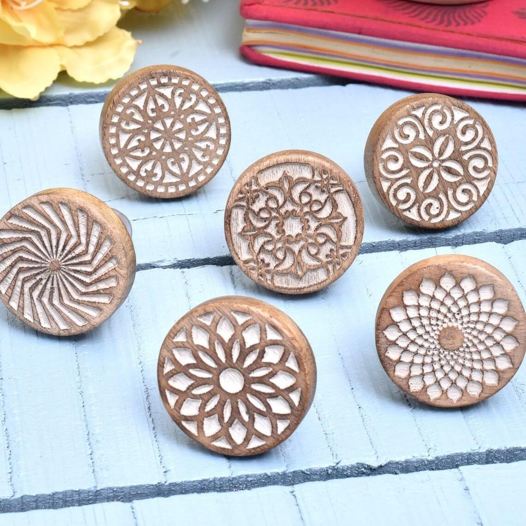 IndianShelf 18 Pack- Boho Knobs- Wood Knobs for Cabinets and Drawers- Natural Wooden Dresser Knobs- Boho Wooden Knobs- Unique Wood Drawer Pulls- Boho Drawer Knobs and Pulls- Cabinet Door Handles (Floral Brown)