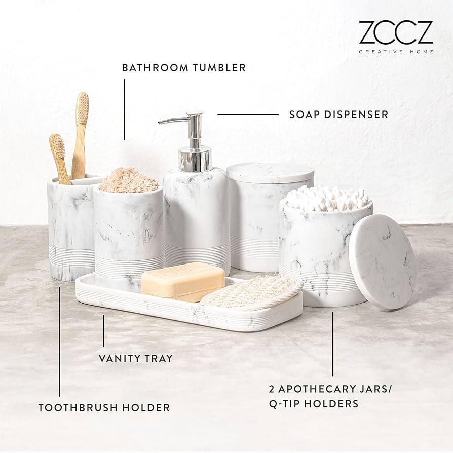 ZCCZ - Bathroom Accessories Set 6 Pcs - White Marble Design Toothbrush Holder, Lotion Soap Dispenser, 2 Qtip Holder Dispenser, Vanity Tray, Bathroom ...