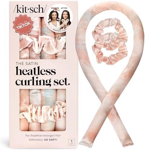 Kitsch Satin Heatless Curling Set – Heatless Hair Curler for Women, Hair Curler to Sleep In - with 2 Satin Scrunchies for Overnight Curls – No Heat Damage Styling with Heatless Curler - Sunset Tie Dye
