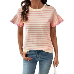 SHEWIN Women Summer Loose Fit Tops Trendy Rib Knit Stripe Shirt Business Dressy Casual 2026, 2XL
