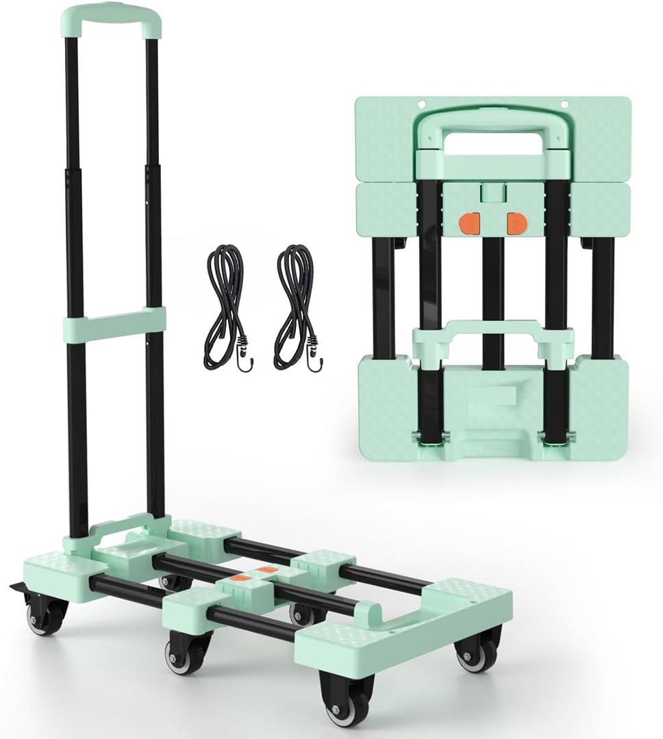 Folding Hand Truck 500lbs, Portable Heavy Duty Dolly Cart, 6 Wheels Collapsible Luggage Cart with 2 Elastic Ropes - Compact Trolley Cart for Easy Moving - Ideal Hand Cart for Travel and More (1.70, Green)