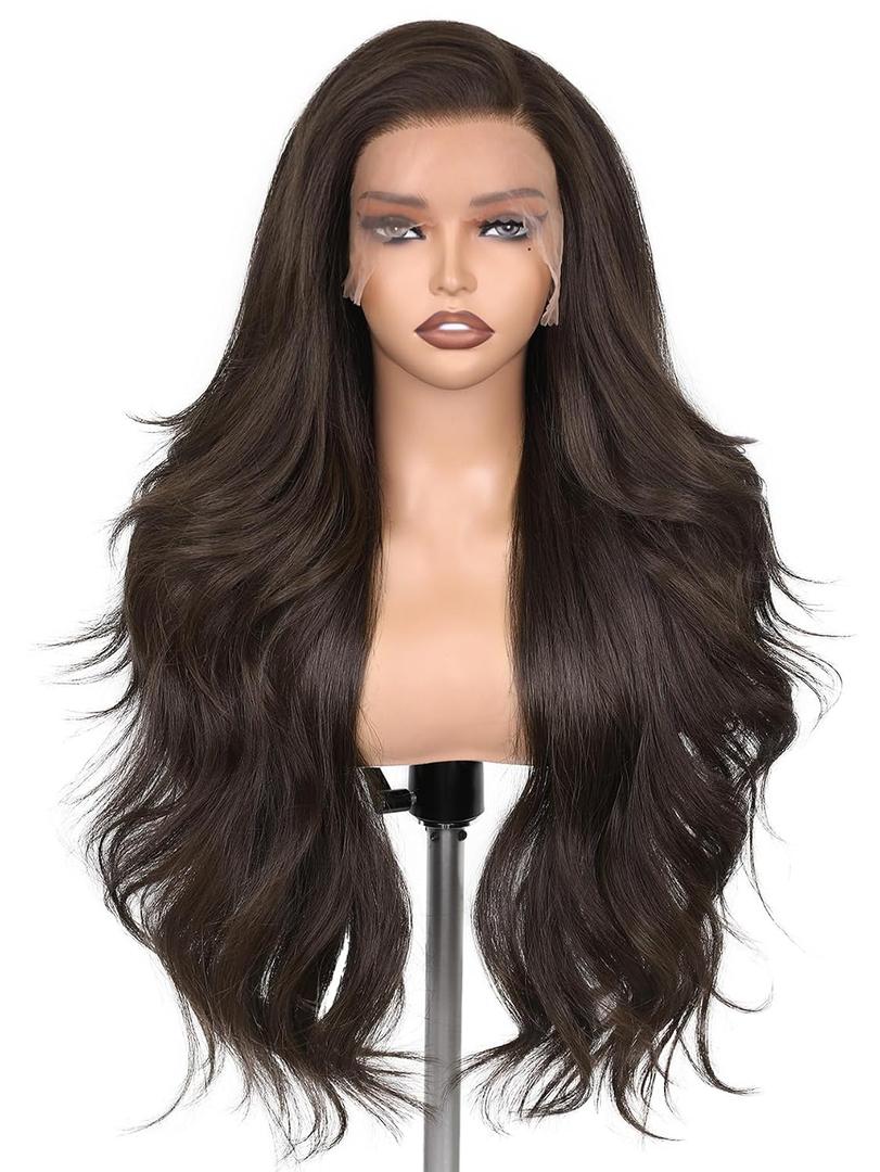 HANNE 13 * 6 Lace Front Wigs for Black Women 29 Inch Synthetic Pre Plucked Wavy Filp Curl Futura Fiber Glueless Brown Wig HD lace frontal Wig Hair Replacement Wigs for Every Occasion (Brown)
