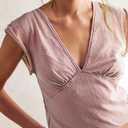 Women Y2k Cap Sleeve Crop Top Deep V Neck Low Cut Shirt Casual Slim Fit Solid Tees Summer Streetwear (Pink, S)