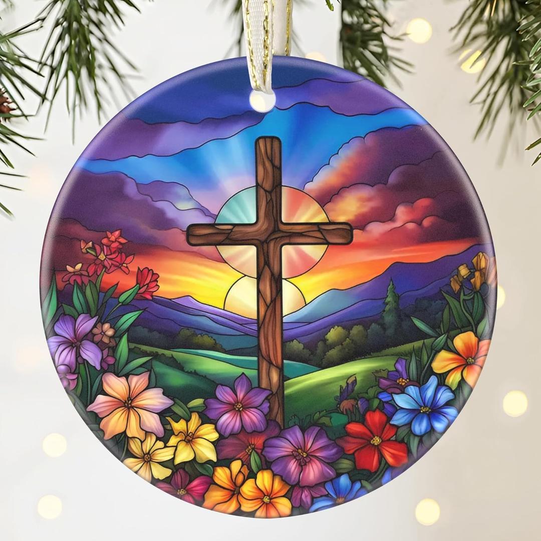 2 x Cross 3.5 Inch Ceramic Christmas Hanging Ornament - Cross Spring Flower