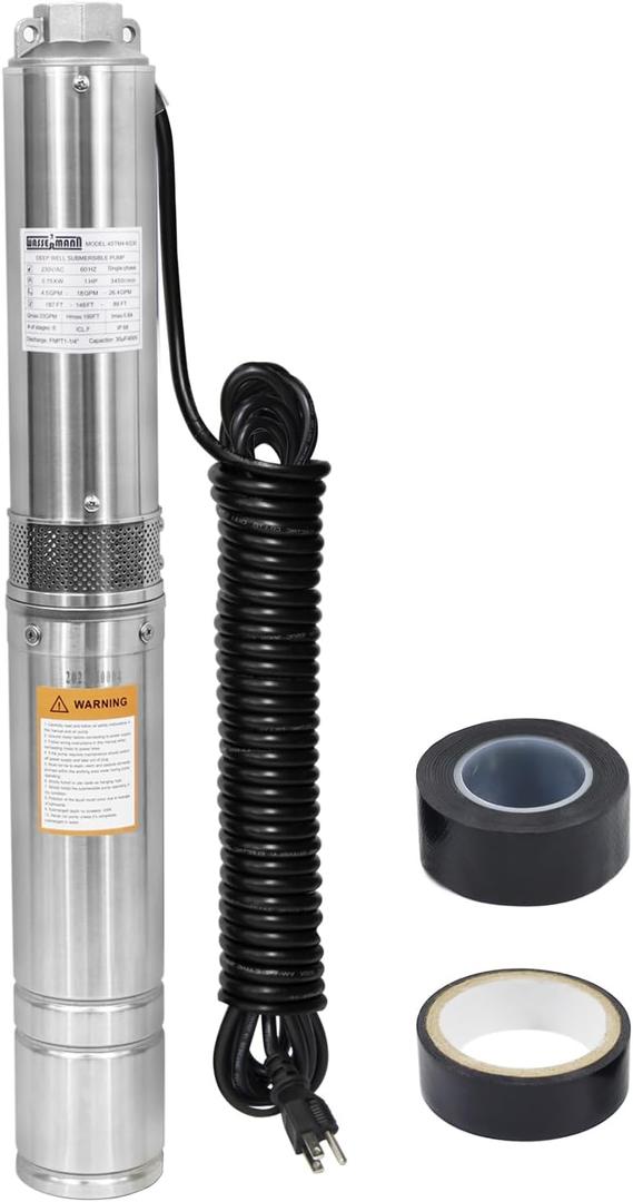 WASSERMANN 4" Deep Well Submersible Pump with 10FT Cable, 1HP, 230V/60HZ, 33GPM, 190FT Head, Stainless Steel Submersible Well Pumps Borehole Water Pump for Home, Factories, Irrigation, Farmland