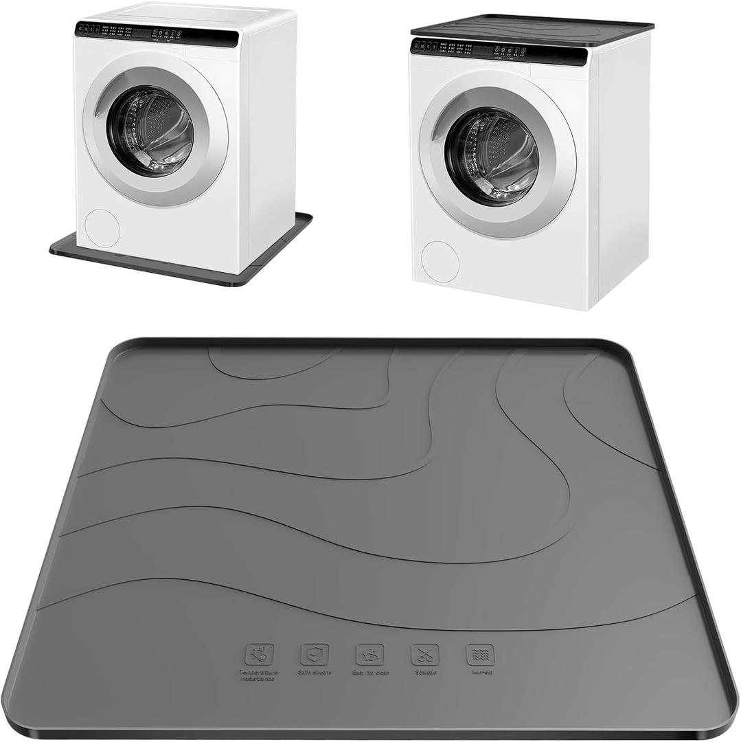 Washing Machine Drain Pan Silicone Mat, Large 30" X 28" Non-Slip Waterproof Washer Drip Tray, Anti-Vibration Soft Mat for Under Dryer or Washer, Floor Leak Protector for Laundry Room (Grey)
