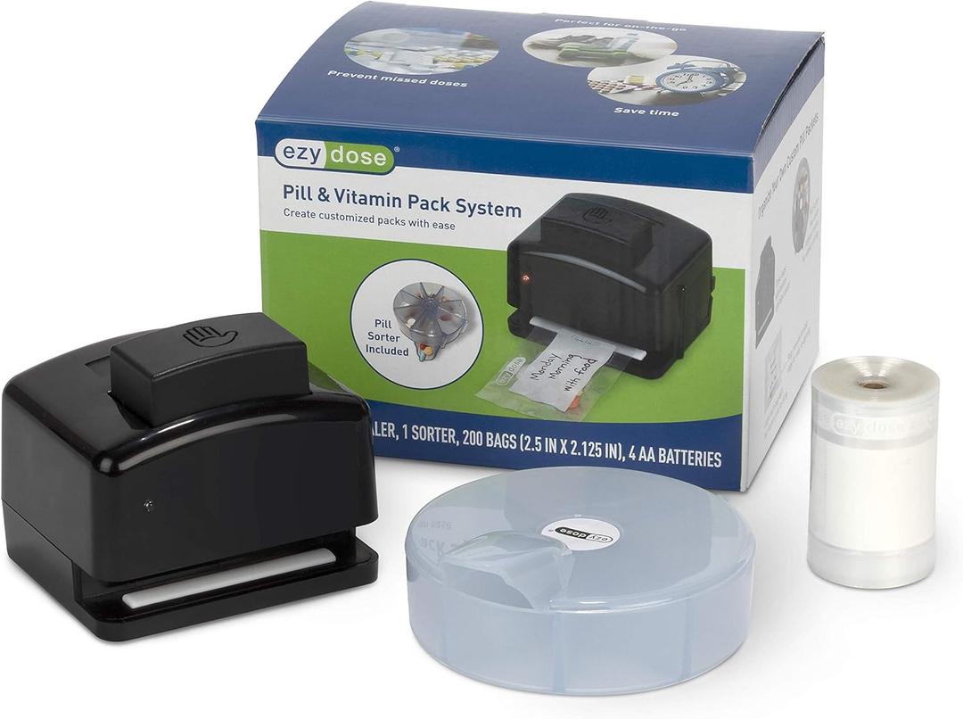 Ezy Dose Pill Suite Weekly (7-Day) Pill Organizer, Vitamin and Medicine Packaging System for Travel, Includes Sorter, Sealer, Batteries, and 200 Easy-Tear Pill Pouches, BPA Free (Clear)