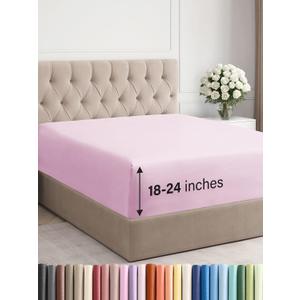 Extra Deep Queen Fitted Sheet - Hotel Luxury Single Fitted Sheet Only - Easily Fits 18 inch to 24 inch Mattress - Ultra Soft, Wrinkle & Fade Free w/Extra Deep Pocket - Breathable & Comfy - Light Pink
