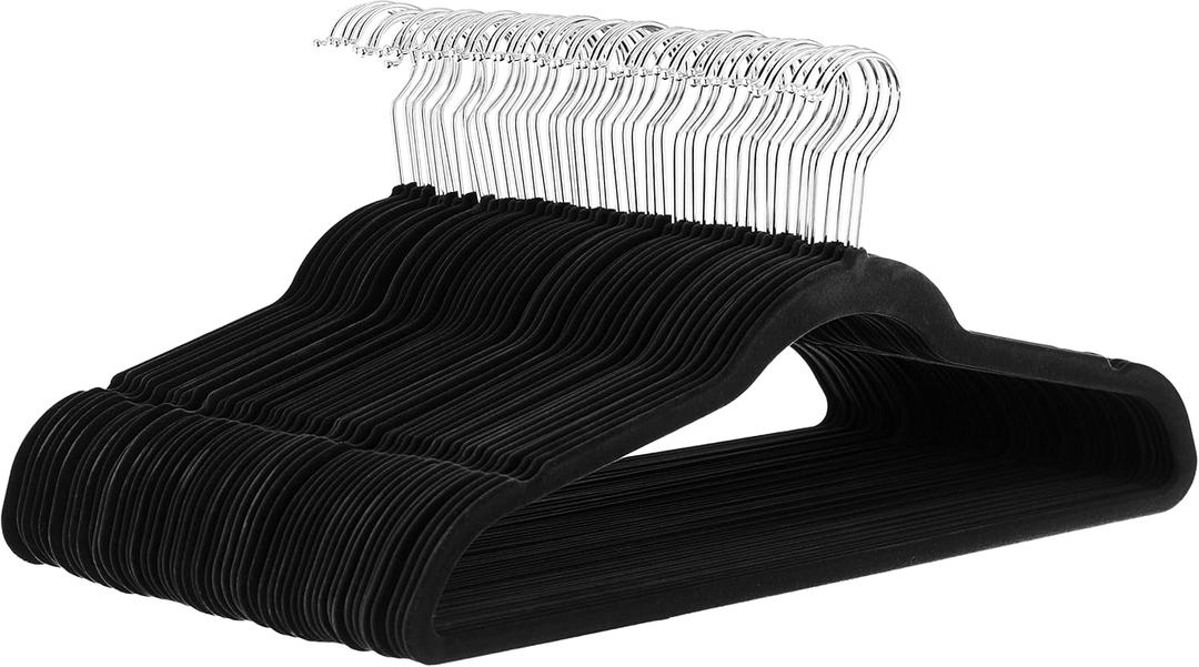 Amazon Basics Slim Velvet Non-Slip Space Saving Suit Clothes Hangers, Closet Organizer, Black, 50-Pack, Pack of 50