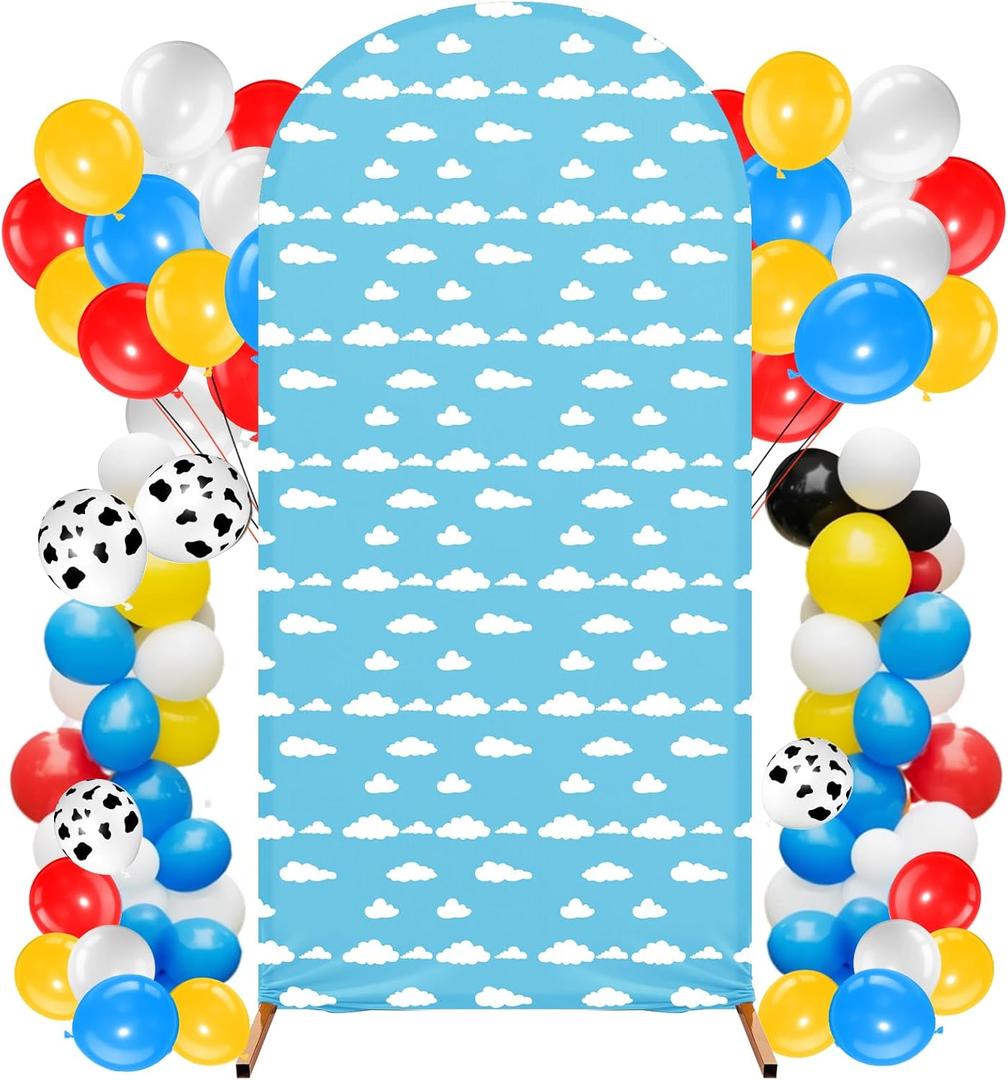 Carton Story Arch Backdrop Cover Wedding Blue Sky and White Clouds Arch Spandex Backdrop Stand Cover 4 ft for Wedding Birthday Banquet Boys Girls Shower Ceremony Decoration
