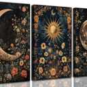 3Pcs Sun and Moon Celestial Canvas Wall Art Vintage Gothic Mystical Crescent Floral Plant Dark Academia Painting Picture Wall Decor Posters Print Artwork for Living Room Bedroom Decoration (16L" x 12W"-Canvas)