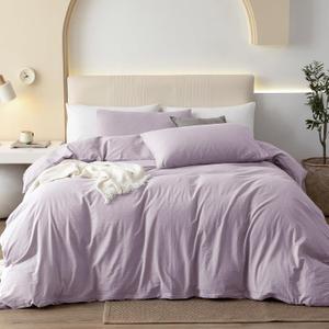 JIYUAN 100% Washed Cotton Duvet Cover Set 3 Pieces Queen, 1 Duvet Cover 90x90 Inches(Comforter Not Included) and 2 Pillowcases,Linen Like Comfy and Breathable,Heathered Light Purple