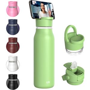 LISI 40oz Insulated Water Bottle, Double Wall Stainless Steel Water Bottles with Straw, 100% Leak-Proof Travel Thermal Canteen Mug with 2 Lids (Straw, Phone Holder Lid) (Key Lime)