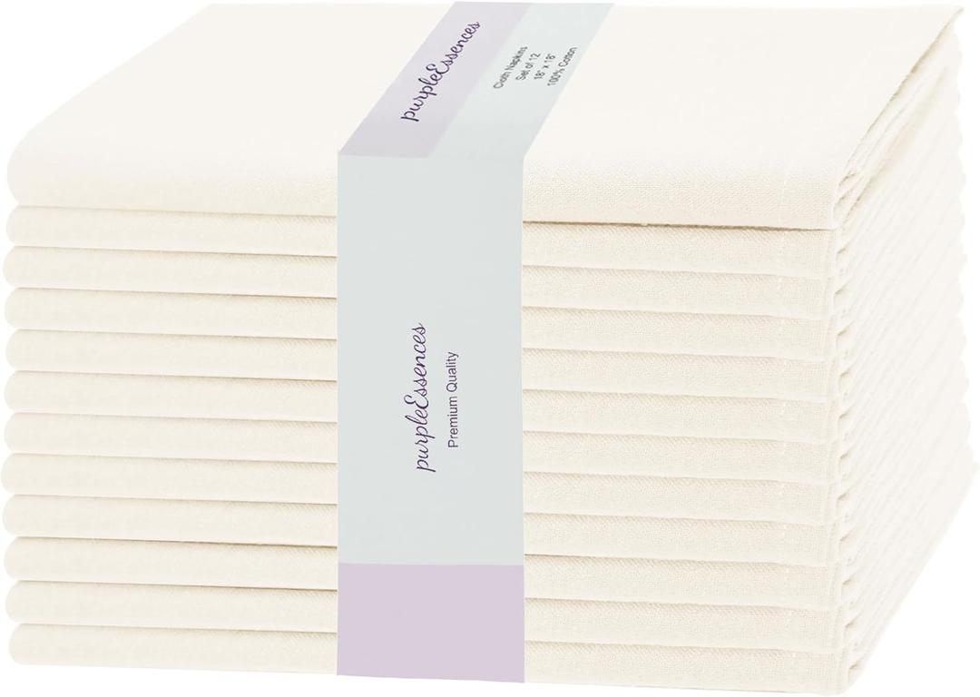 PurpleEssences Set of 12 Cloth Dinner Napkins 100% Cotton 18x18 Inch - Soft Durable Washable - Ideal for Farmhouse Party Christmas Holiday Winter - Perfect Everyday Use Table Linen - Cream