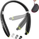 BEARTWO Bluetooth Headphones, Upgraded Foldable Wireless Neckband Headset with Retractable Earbuds, Noise Cancelling Stereo Earphones with Mic for Workout, Running, Driving (with Carry Case) (Black)