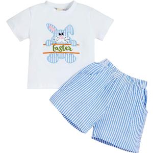 Sinhoon Baby Girl Boy Easter Outfits Infant Bunny Pattern Romper+Blue Stripes Suspender Pants Toddler Easter Clothes Sets (White)