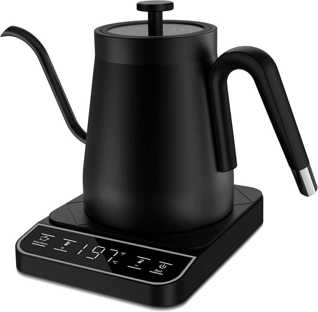 Electric Gooseneck Kettle, 1 Temperature Control One Click 197 Pour Over Kettle for Coffee & Brew Tea, Hot Water Boiler, Stainless Steel Inner Fast Heating & Keep Warm 12 Hours, 1200w, 0.8L