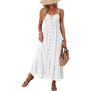 Dokotoo Womens Summer Dresses 2026 Sleeveless Spaghetti Strap Button Down Smocked Beach Vacation Long Maxi Dress with Pockets (White, L)