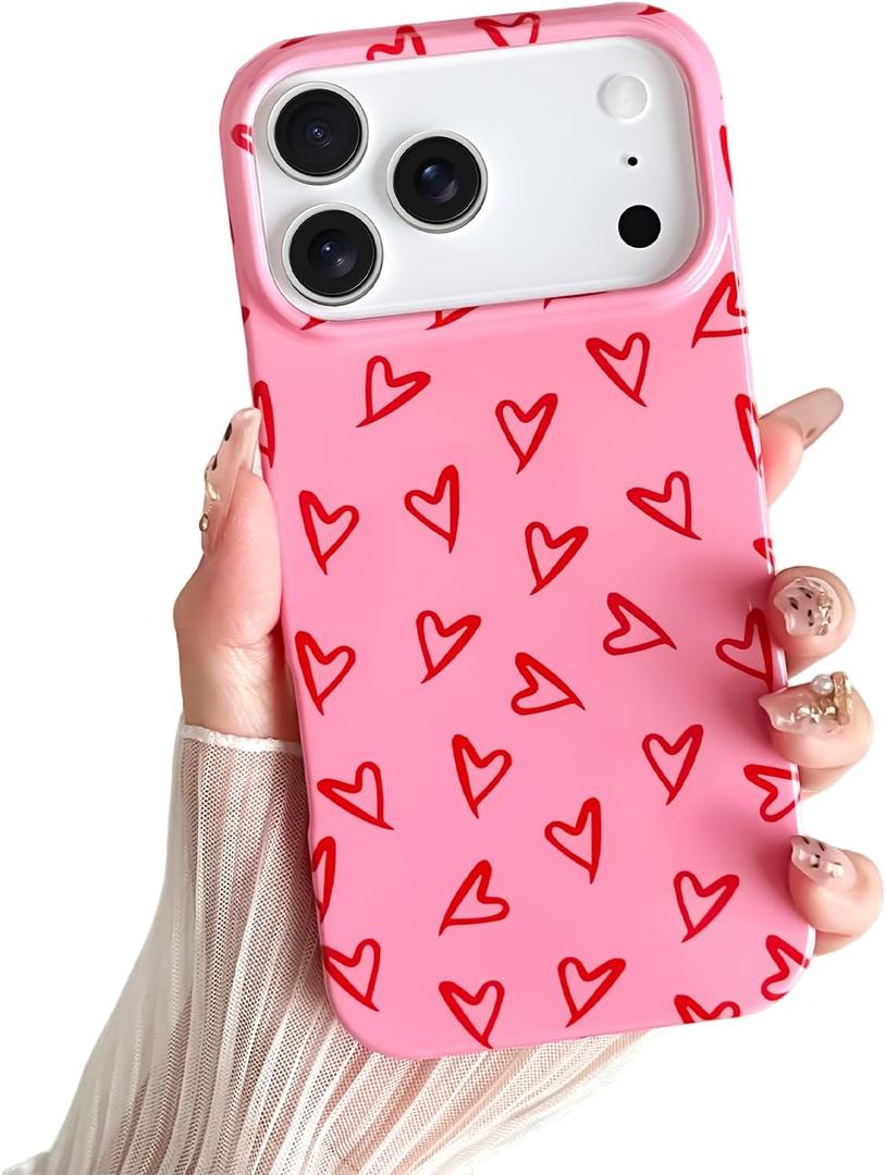 Skyseaco for iPhone 17 Pro Max Case Cute Love Heart Design Aesthetic Pattern Phone Case for Women Girls Soft Slim TPU Shockproof Phone Cover for iPhone 17 Pro Max 6.9"- Red and Pink