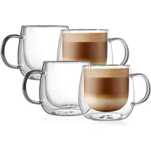 CNGLASS 16oz Double Walled Glass Coffee Mugs(4-pack),Large Clear Coffee Cups with Handle,Glass Espresso Mugs for Latte,Cappuccino,Tea