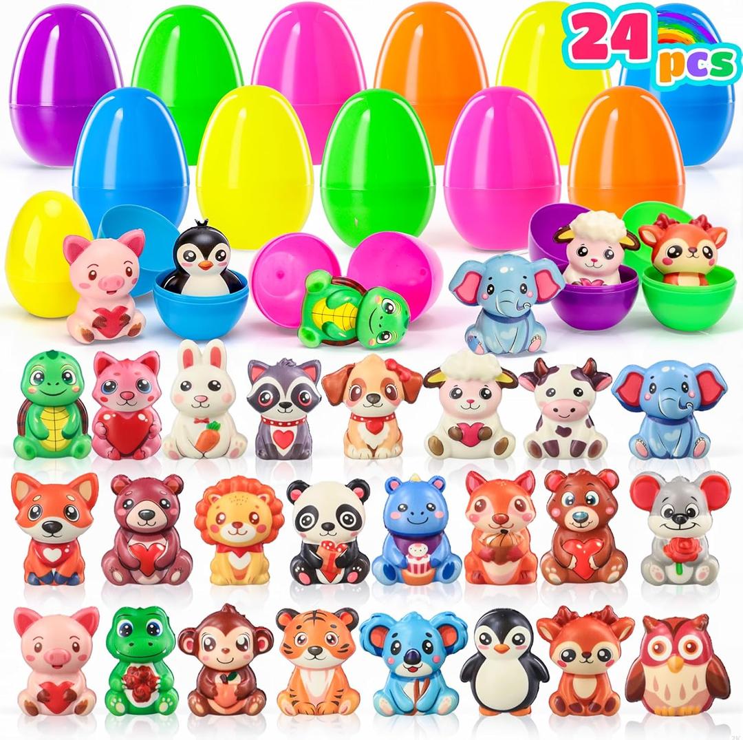 24 Pack Prefilled Easter Eggs with Squishy Animal Toys, Pre-Filled Easter Eggs for Easter Egg Hunt, Easter Basket Stuffers, Non Candy Easter Toys, Party Favors for Kids Boys Girls
