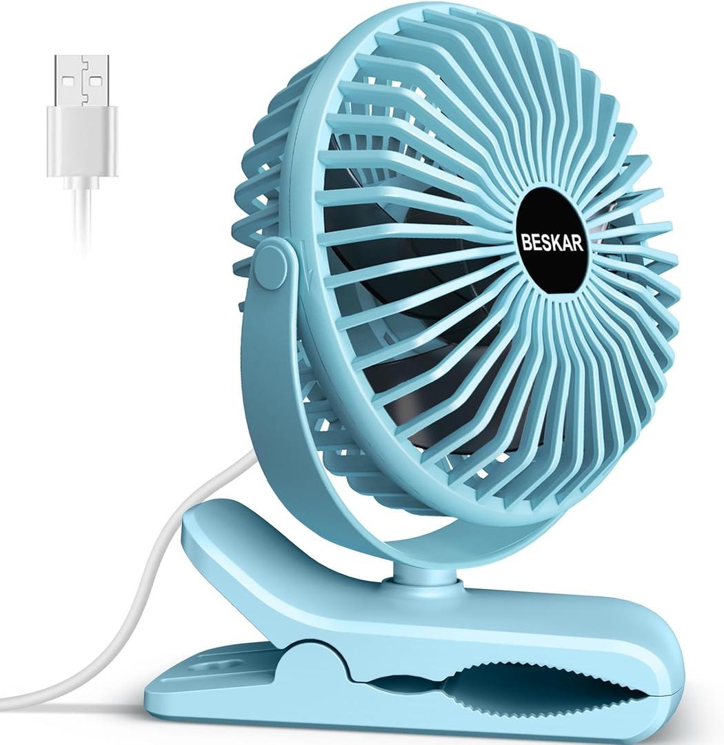 BESKAR Clip on Fan, Portable Small Desk Fans with Strong Airflow, 3 Speeds with Personal Fans Sturdy Clamp, Quiet Desk Fan & Clip Fan with USB Cord Powered - No Battery (Sky Blue)
