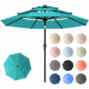10ft Patio Umbrella, 3 Tier Outdoor Market Table Umbrellas with 8 Fiberglass Ribs and Push Button Tilt, Windproof, Vented Canopy, UV Protection for Deck, Pool, Backyard