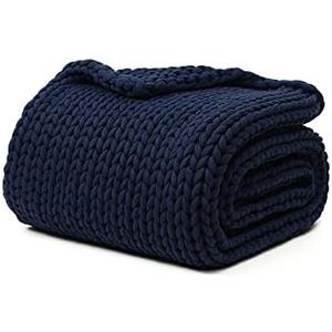 YnM 100% Cotton Weighted Blanket, Handmade Chunky Knitted Throw, No fillers Design, Soft and Breathable, Machine Washable Bed Blanket for Sleep or Home Decor (Navy Blue, 43x50 Inch, 10lbs)