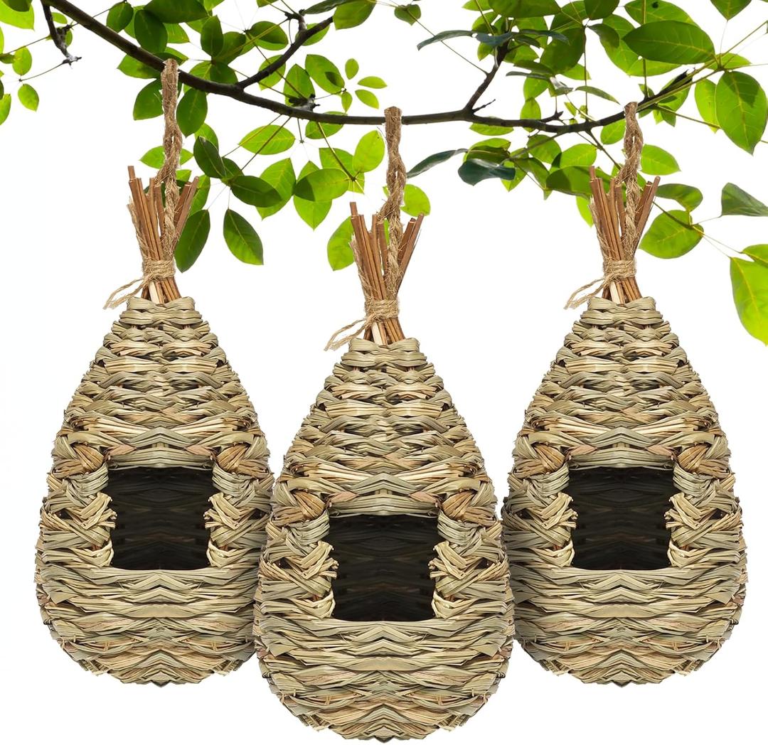 Gute Hummingbird Houses for Outside Hanging, Natural Grass Hanging Bird Hut, Hand Woven Bird Nest, Large Wren Finch Bird House for Garden Window Outdoor Home Decoration, 3 Pack (Water Drop Shape)