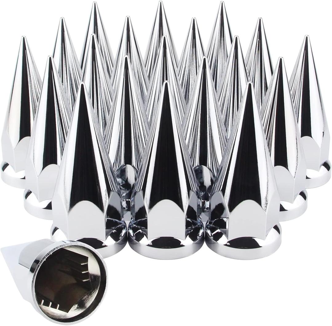 33mm x 4 3/4" Chromed Spike Lug Nuts Covers Push On, Truck Chrome ABS Plastic Pointed Spiked Push-on Lug Nut Cover for Semi Trucks, Pack of 20