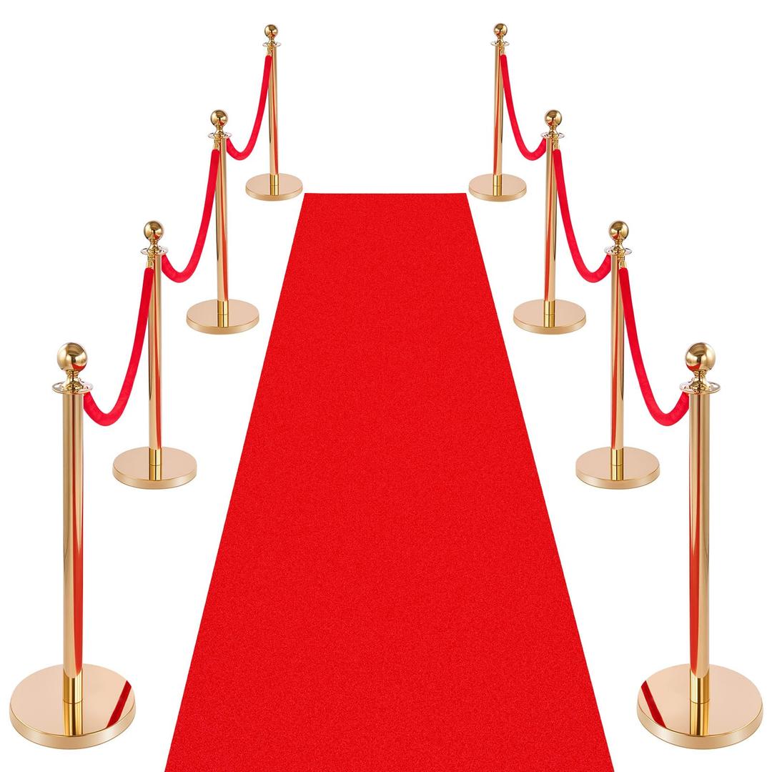 VEVOR Stanchion Post, 8 Pcs Crowd Control Barrier Set with Red Carpet, 6 Red Velvet Ropes, Stainless Steel Gold Stanchion Post Queue with Hollow Base for Theater, Party, Wedding, Exhibition (Gold)