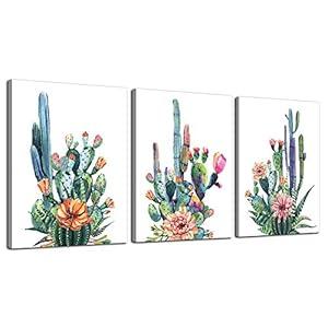 Wall Art for living room Canvas Prints Artwork bathroom Wall Decor Simple Life Green plants cactus Picture Watercolor painting 3 Pieces Framed bedroom wall decorations Office Works Home Decoration