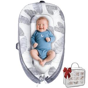 Baby Lounger, Baby Lounger for Newborn 0-24 Months, Premium Soft & Breathable Infant Lounger, Pure Cotton Baby Nest for Boys & Girls, Portable Newborn Lounger for Travel and Home. (Grey Leaves)