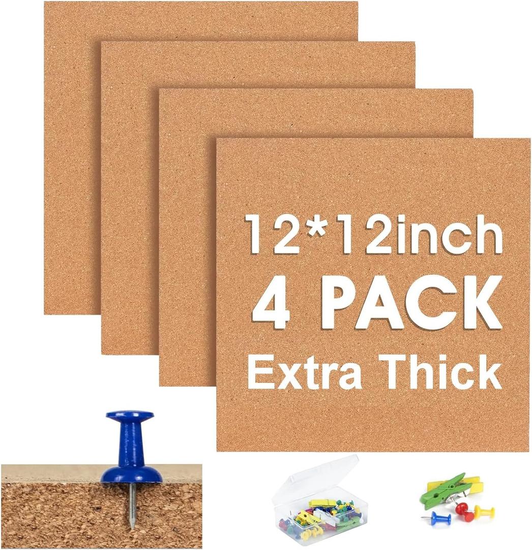 Cork Bulletin Square Board for Walls - SVOPY 4 Pack Extra Thick 12x12 Inches Cork Board Tiles for Home Office Decor, Cork Sheet, School Message Board Decorative Display Boards (Brown)