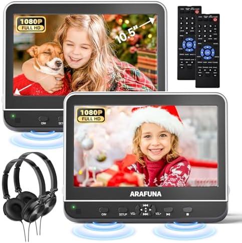ARAFUNA 10.5" Portable DVD Player for Car with 1080P Full HD HDMI Input, Car DVD Player Dual Screen with Mounting Bracket, Headrest DVD Player Support Last Memory, USB/SD Card