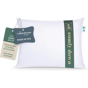 ComfyDown 50/50 Down Feather Blend ComfyDream Bed Pillow for Sleeping, Egyptian Cotton Cover, Made in USA, Queen Size (Queen)